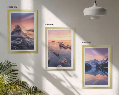 Composição de quadros moderna com paisagem de montanhas, lago e vista do oeste