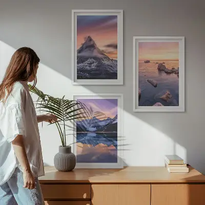 Composição de quadros moderna com paisagem de montanhas, lago e vista do oeste