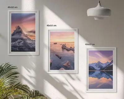 Composição de quadros moderna com paisagem de montanhas, lago e vista do oeste