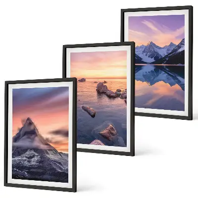 Composição de quadros moderna com paisagem de montanhas, lago e vista do oeste