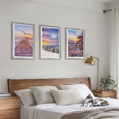 Conjunto de 3 quadros com moldura Paisagens celestes românticas