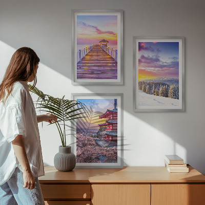 Conjunto de 3 quadros com moldura Paisagens celestes românticas