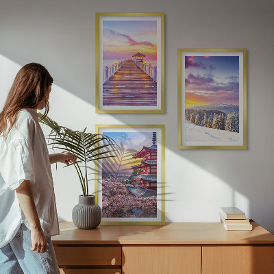 Conjunto de 3 quadros com moldura Paisagens celestes românticas
