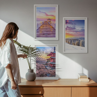 Conjunto de 3 quadros com moldura Paisagens celestes românticas