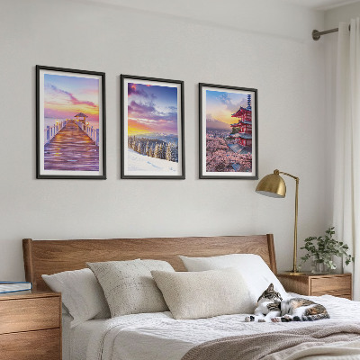 Conjunto de 3 quadros com moldura Paisagens celestes românticas