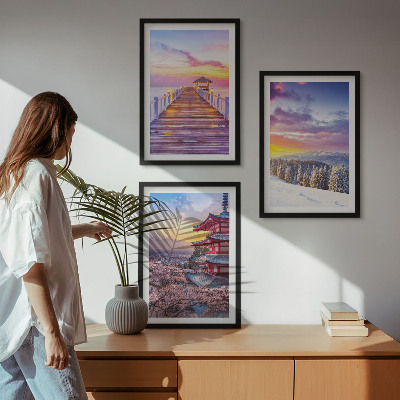 Conjunto de 3 quadros com moldura Paisagens celestes românticas