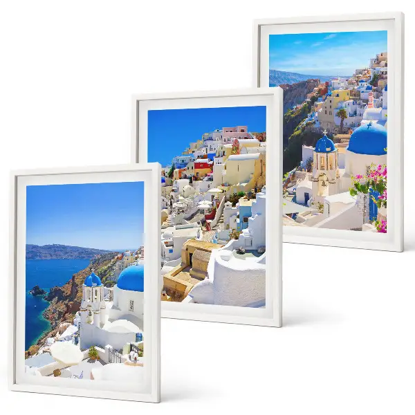 Conjunto de quadros para sala de estar com tema de arquitetura paisagística de Oia Santorini