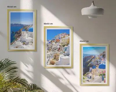 Conjunto de quadros para sala de estar com tema de arquitetura paisagística de Oia Santorini