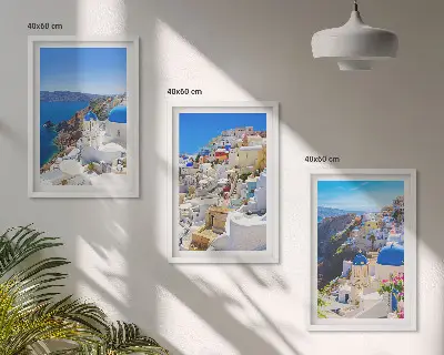 Conjunto de quadros para sala de estar com tema de arquitetura paisagística de Oia Santorini