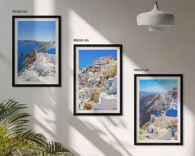 Conjunto de quadros para sala de estar com tema de arquitetura paisagística de Oia Santorini