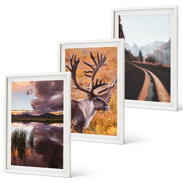 Conjunto de 3 quadros com moldura com paisagens de montanhas e renas