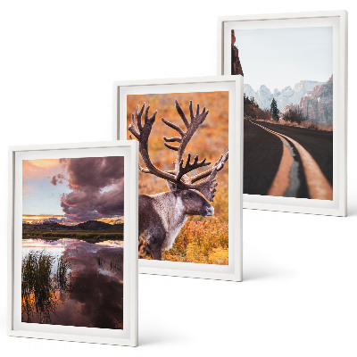 Conjunto de 3 quadros com moldura Paisagens montanhosas com renas
