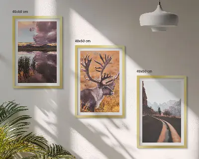 Conjunto de 3 quadros com moldura com paisagens de montanhas e renas