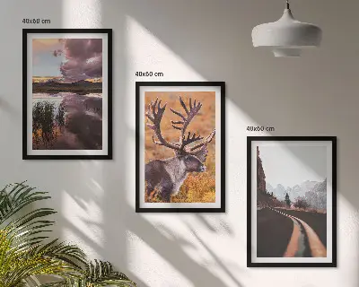 Conjunto de 3 quadros com moldura com paisagens de montanhas e renas
