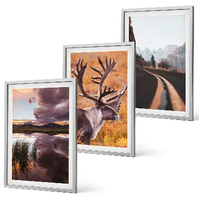 Conjunto de 3 quadros com moldura com paisagens de montanhas e renas