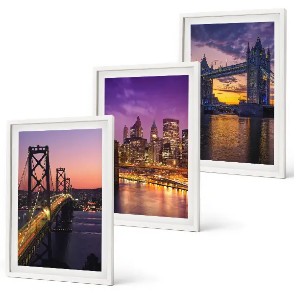 Conjunto de quadros para sala de estar com temática de pontes, sol e vistas da cidade