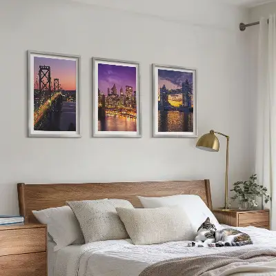 Conjunto de quadros para sala de estar com temática de pontes, sol e vistas da cidade