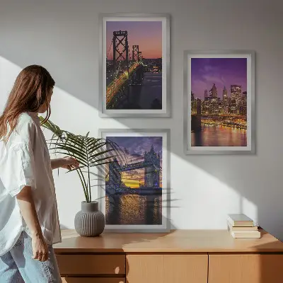 Conjunto de quadros para sala de estar com temática de pontes, sol e vistas da cidade