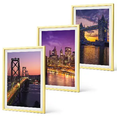 Conjunto de quadros para sala de estar com temática de pontes, sol e vistas da cidade