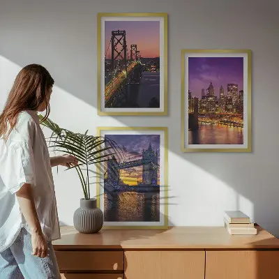 Conjunto de quadros para sala de estar com temática de pontes, sol e vistas da cidade