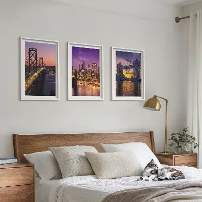 Conjunto de quadros para sala de estar com temática de pontes, sol e vistas da cidade
