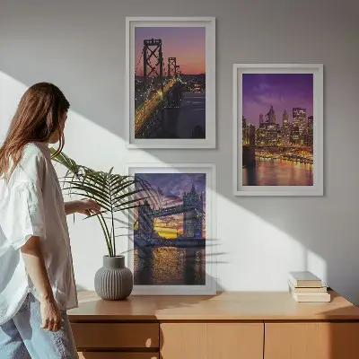 Conjunto de quadros para sala de estar com temática de pontes, sol e vistas da cidade