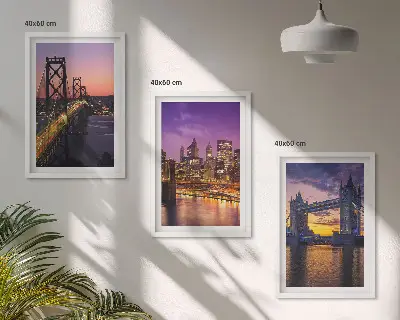 Conjunto de quadros para sala de estar com temática de pontes, sol e vistas da cidade