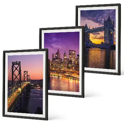 Conjunto de quadros para sala de estar com temática de pontes, sol e vistas da cidade
