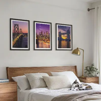 Conjunto de quadros para sala de estar com temática de pontes, sol e vistas da cidade