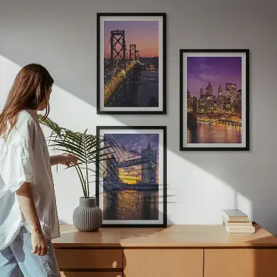 Conjunto de quadros para sala de estar com temática de pontes, sol e vistas da cidade