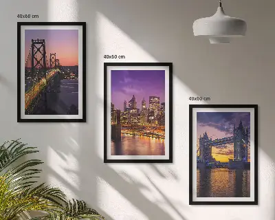 Conjunto de quadros para sala de estar com temática de pontes, sol e vistas da cidade