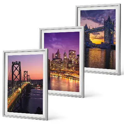 Conjunto de quadros para sala de estar com temática de pontes, sol e vistas da cidade