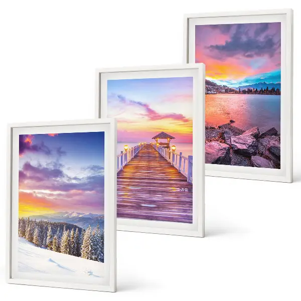 Conjunto de 3 quadros com moldura com paisagem de lago de montanha no inverno