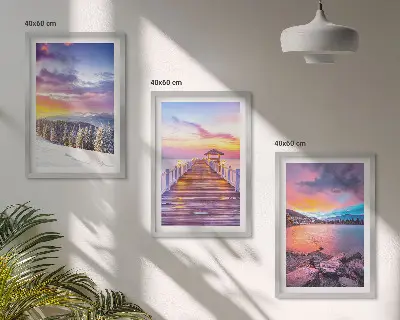 Conjunto de 3 quadros com moldura com paisagem de lago de montanha no inverno