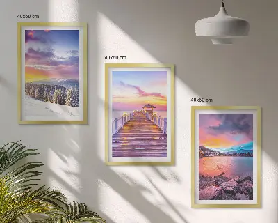 Conjunto de 3 quadros com moldura com paisagem de lago de montanha no inverno