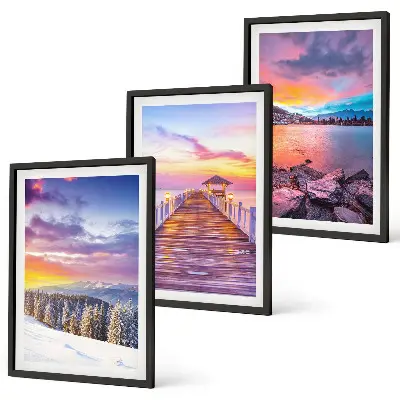 Conjunto de 3 quadros com moldura com paisagem de lago de montanha no inverno