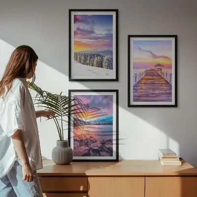 Conjunto de 3 quadros com moldura com paisagem de lago de montanha no inverno