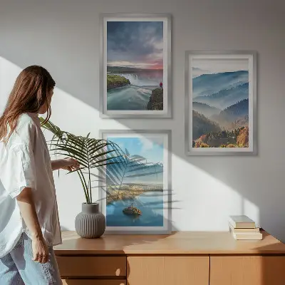 Conjunto de quadros para sala de estar com paisagens de montanhas e cachoeiras