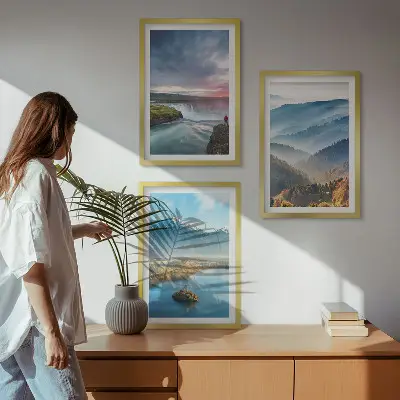 Conjunto de quadros para sala de estar com paisagens de montanhas e cachoeiras