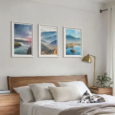 Conjunto de quadros para sala de estar com paisagens de montanhas e cachoeiras