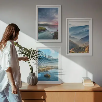 Conjunto de quadros para sala de estar com paisagens de montanhas e cachoeiras