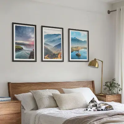 Conjunto de quadros para sala de estar com paisagens de montanhas e cachoeiras