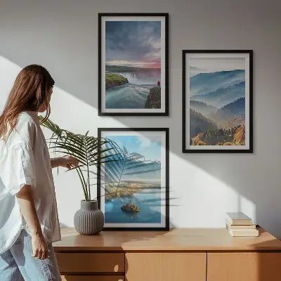 Conjunto de quadros para sala de estar com paisagens de montanhas e cachoeiras