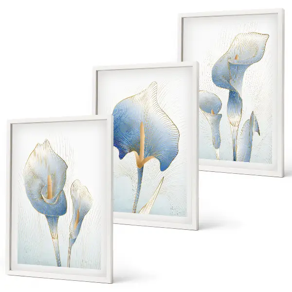 Composição de quadros moderna com flores azuis no fundo