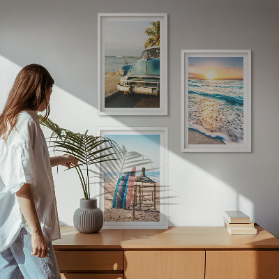 Conjunto de 3 quadros com moldura Férias ao pôr do sol em Miami