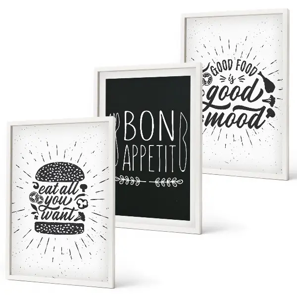 Conjunto de quadros decorativos para sala de estar com estampas de gráficos, comida e slogans culinários