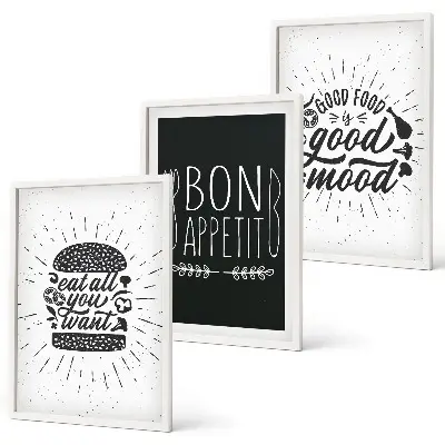 Conjunto de quadros decorativos para sala de estar com estampas de gráficos, comida e slogans culinários