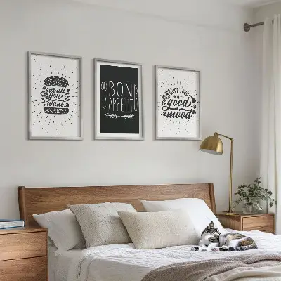 Conjunto de quadros decorativos para sala de estar com estampas de gráficos, comida e slogans culinários