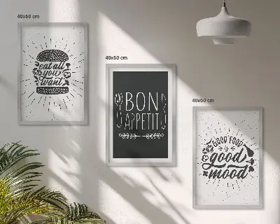 Conjunto de quadros decorativos para sala de estar com estampas de gráficos, comida e slogans culinários