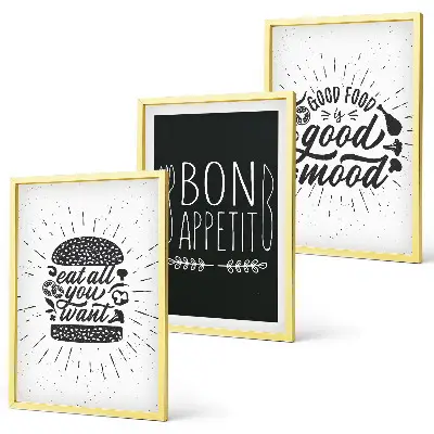 Conjunto de quadros decorativos para sala de estar com estampas de gráficos, comida e slogans culinários